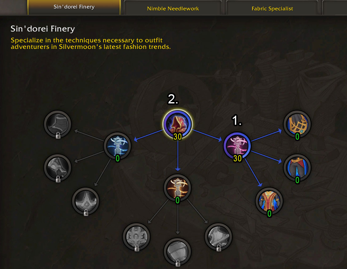 Tailoring Sin'dorei Finery armor crafting more recipes and skill